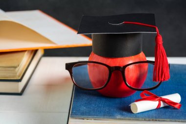 Elma bilgi sembolü ve masanın üstüne kalem kitap