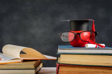 Elma bilgi sembolü ve masanın üstüne kalem kitap