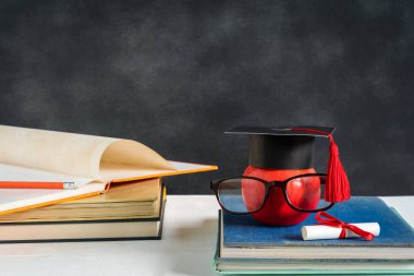 Elma bilgi sembolü ve masanın üstüne kalem kitap