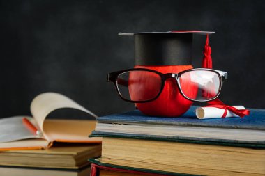 Elma bilgi sembolü ve masanın üstüne kalem kitap