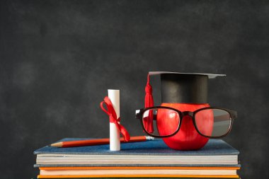 Elma bilgi sembolü ve masanın üstüne kalem kitap