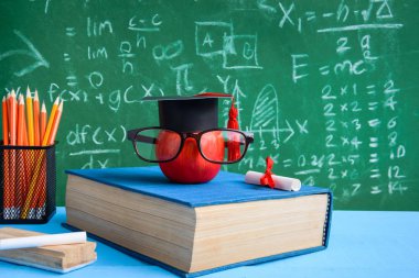 Elma bilgi sembolü ve masanın üstüne kalem kitap 