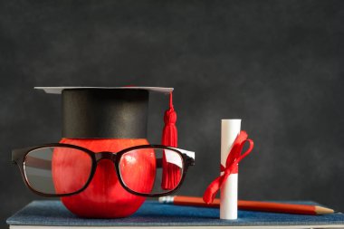 Elma bilgi sembolü ve masanın üstüne kalem kitap