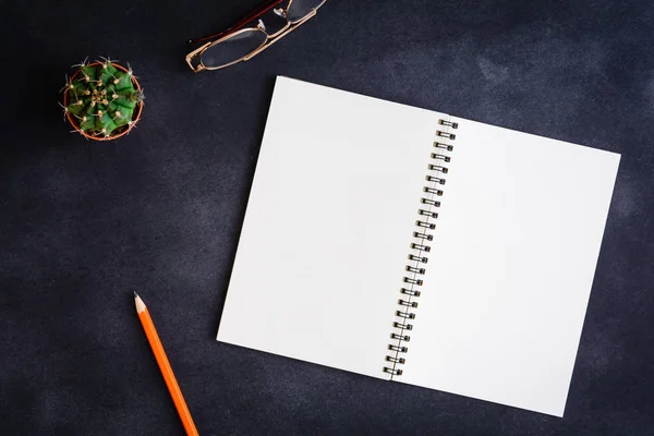 Ovanifrån anteckningsbok och penna glasögon på skrivbordet — Stockfoto