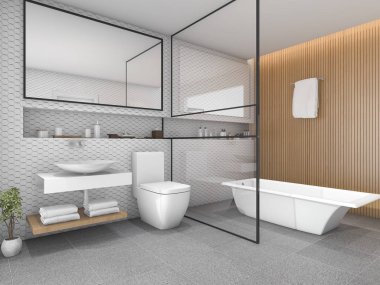 3D render beyaz Altıgen karo banyo ahşap dekor