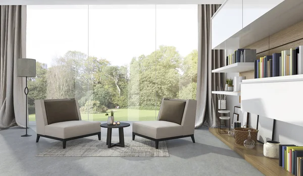 3D renderowania miękki fotel w pokoju dziennym, w pobliżu ogrodu — Zdjęcie stockowe