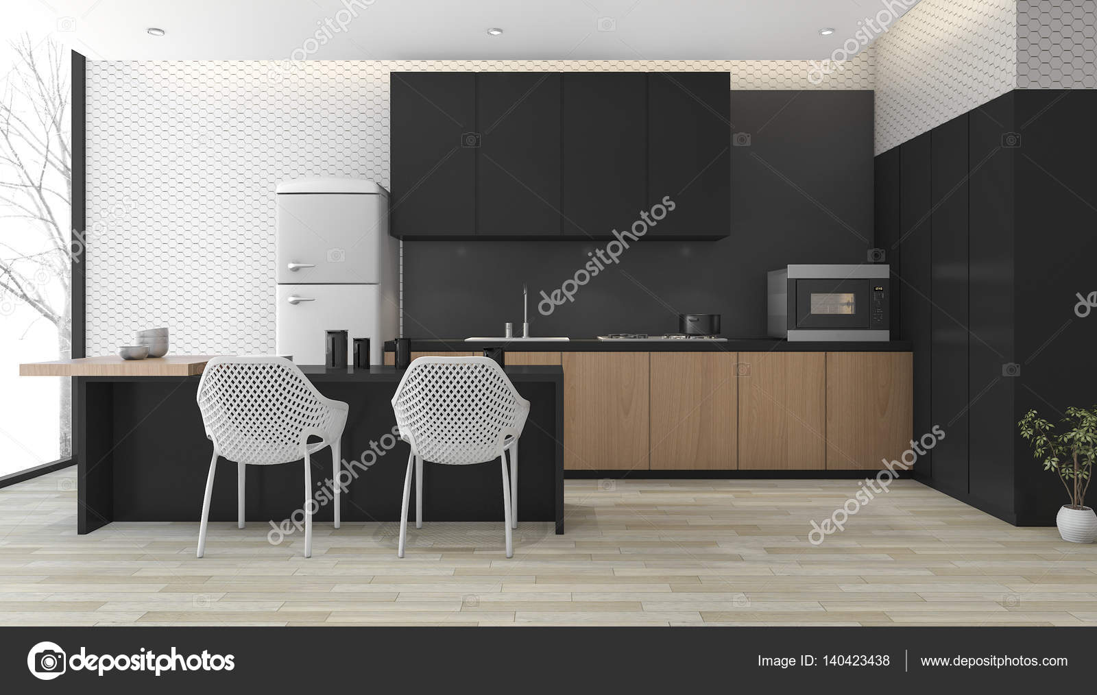3d rendering moderne zwarte keuken met houten vloer in de buurt van ... Moderne zwarte keuken