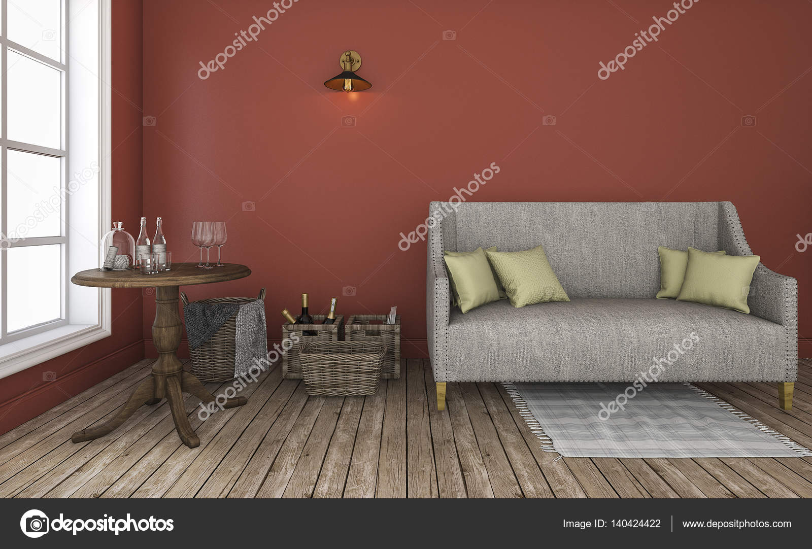 3D rendering soggiorno parete rossa con buon arredamento ... 3D rendering soggiorno parete rossa con buon arredamento ...