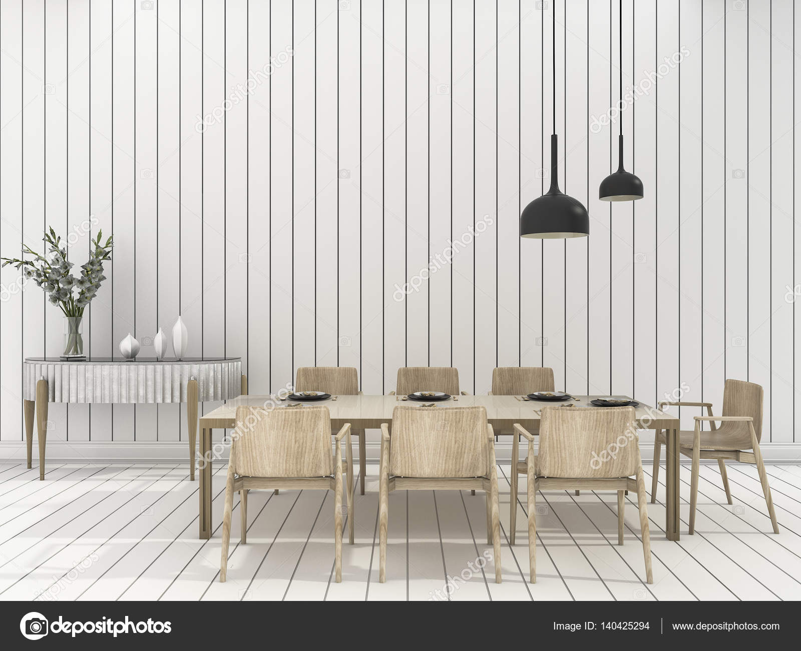 blanco de procesamiento 3D de pared comedor con juego de comedor de ... blanco de procesamiento 3D de pared comedor con juego de comedor de ...