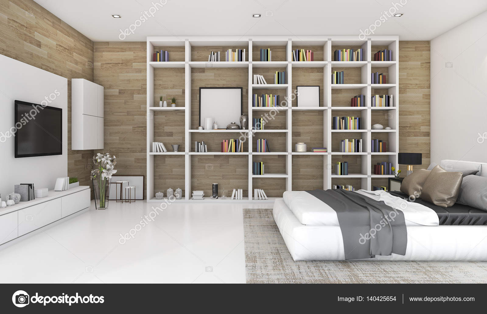 3d rendering kortárs fa hálószoba beépÃtett könyvespolc — stock ...
