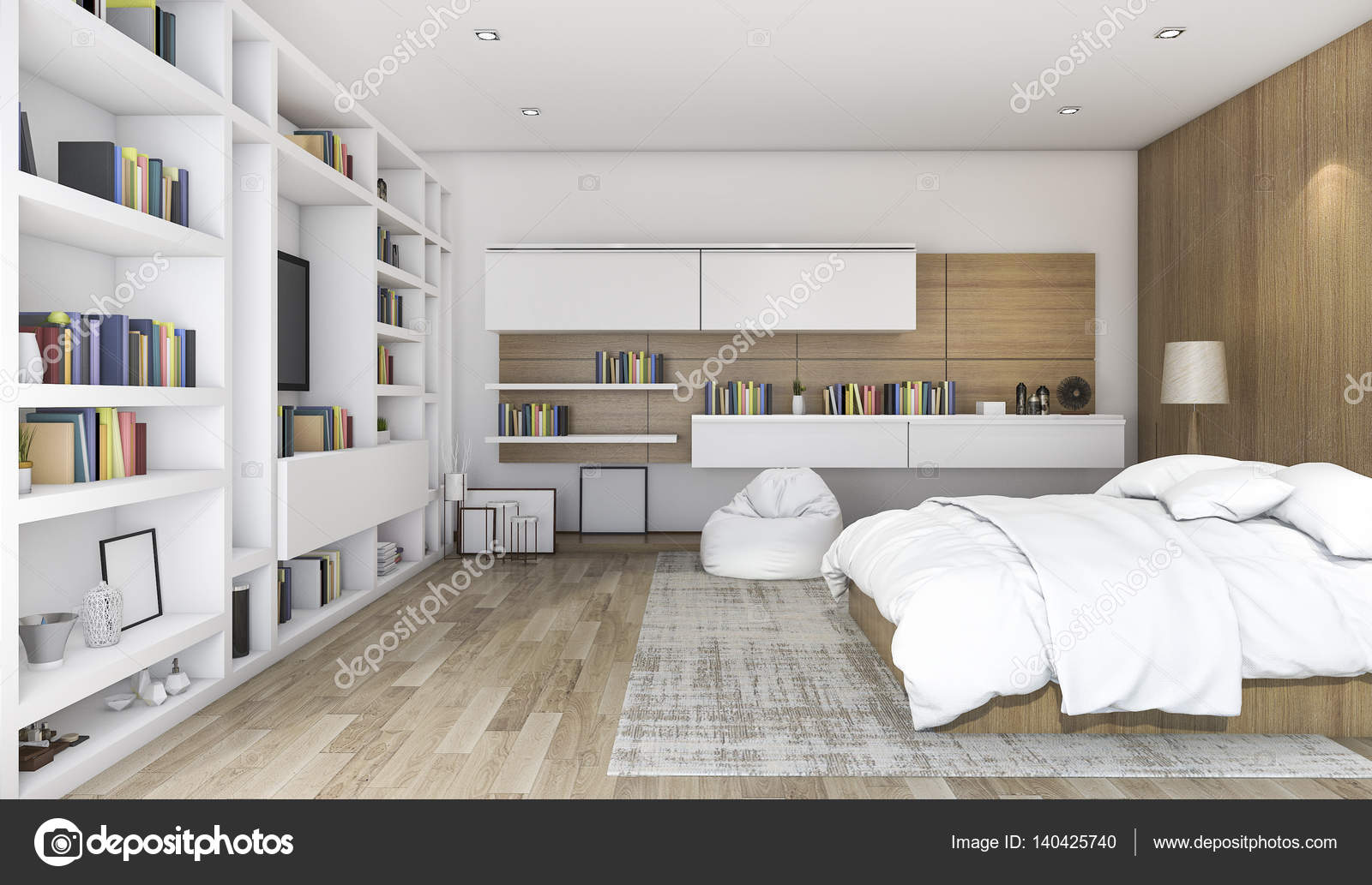 3d rendering fa modern hálószoba beépÃtett polc — stock fotó ...