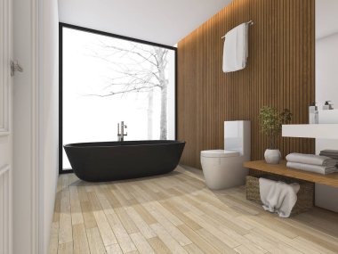 3D render lüks banyo küvet ile pencere yakınındaki