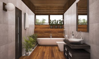 3D render çağdaş ahşap banyo tesisleri ile