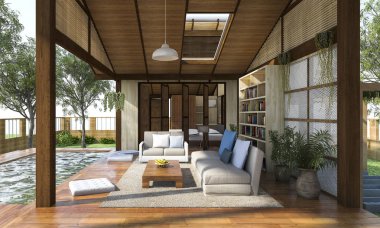 3D render çağdaş ahşap yaşam bölgesi teraslı