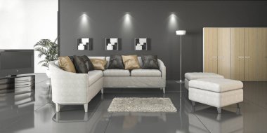 3D render yansıma zemin tarzı oturma odası