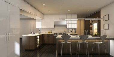 3D render sıcak ışık güzel mutfak