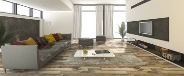 3D render renkli kanepe çağdaş ahşap oturma odası