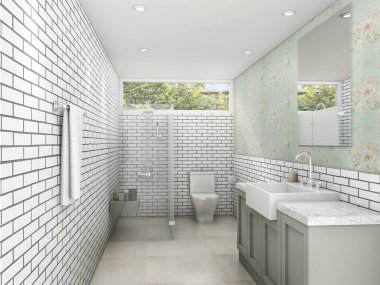 3D render beyaz tuğla tarzı duvar kağıdı banyo ve tuvalet