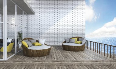 3D render yuvarlak tahta Teras deniz kenarında kanepede