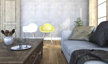 3D Render güzel oturma odası alan derinliği