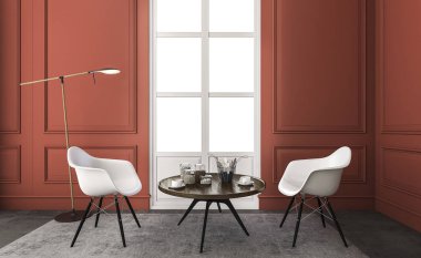 3D Render güzel kırmızı yatak odası güzel beyaz sandalye