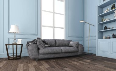 3D Render güzel mavi oturma odası ile rahat kanepe