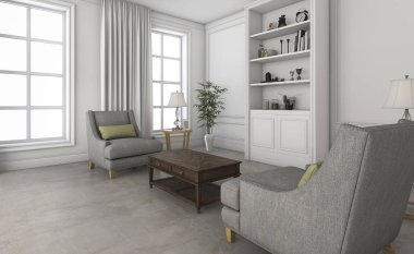 3D render beyaz küçük oturma odası ile konforlu mobilya