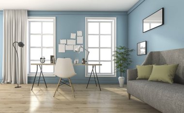 güzel mobilya ve dekorasyon ile 3D Render mavi vintage oturma odası