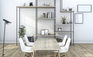 3D render beyaz tuğla raf dekorasyon yatak odası