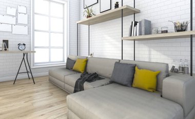 3D render tuğla vintage oturma odası dekorasyonu ile