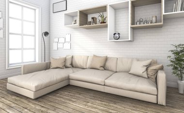 küçük tuğla oturma odasında 3D Render güzel kanepe