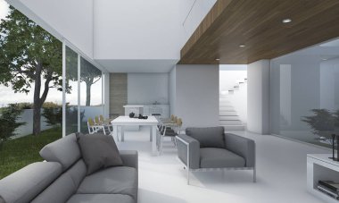 3D Render güzel ahşap oturma odası koltuk ve dekorasyon ile