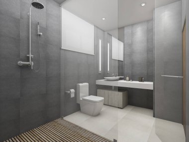 3D işleme modern loft tuvalet ve duş ahşap zemin ile