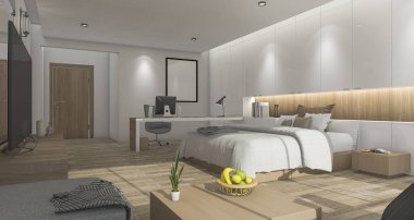 3d rendering white nice bedroom with comfortable furniture and some decor clipart