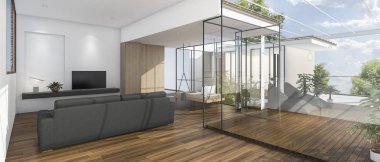 3D Render güzel görünüm oturma odası ahşap Teras