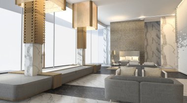3D Render güzel ve lüks otel lobi güzel duvar dokusu ile