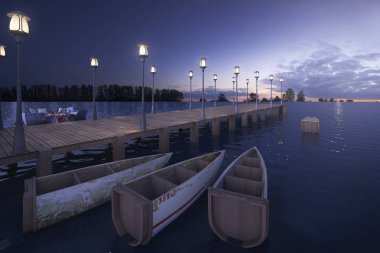 3D render ahşap iskele sokak lambası ve alacakaranlık sahnesinde tekne ile deniz kenarında