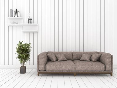 en az serin kanepe ve raf ile 3D işleme Beyaz ahşap oturma odası