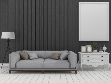 3D render karanlık modern duvar oturma odası kanepe