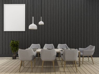 3D render siyah duvar yemek çok az yemek odası ayarla