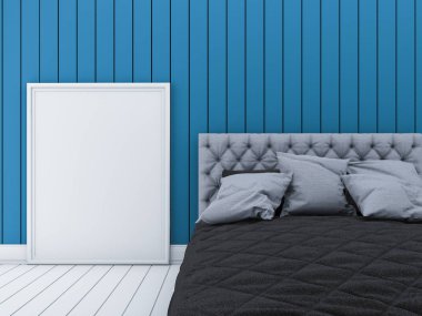 3D Render mavi modern duvar yatak odası ile resim çerçevesi