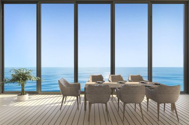3D render yemek odası güzel Deniz Manzaralı