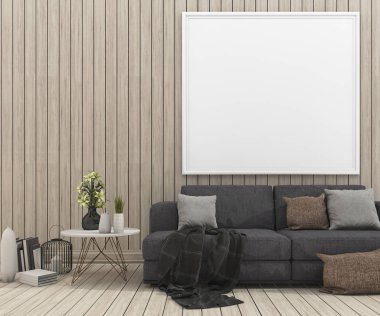 sahte resim çerçevesi ahşap oturma odasında yukarıya ile 3D Render güzel kanepe