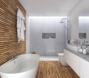 3D render ahşap modern banyo güzel bir tasarım ile