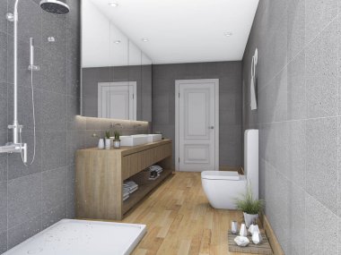 3D render ahşap banyo modern tasarımı ile