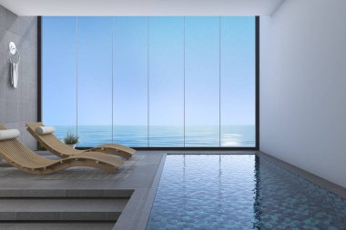 3D render ahşap yatak tezgah havuz ve deniz manzaralı modern tasarımı ile penceresinden yakınındaki