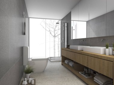 3D işleme modern temiz banyo ve tuvalet penceresinden ışık ile
