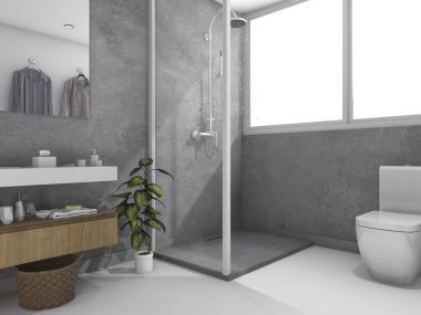 3D render loft beton duvar tuvalet ve banyo