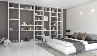 3D render çağdaş renkli yatak odası kitaplık içinde inşa