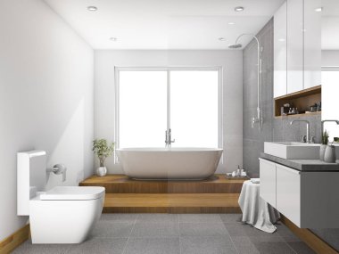 3D render ahşap adım banyo ve tuvalet ile cam bölme